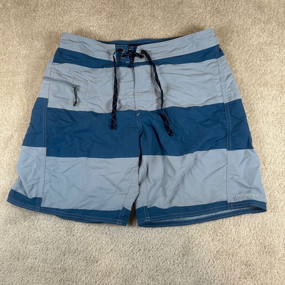 Patagonia Board Shorts Mens‎ 30 Blue Striped Nylon Swim Trunks Side Zip Pocket